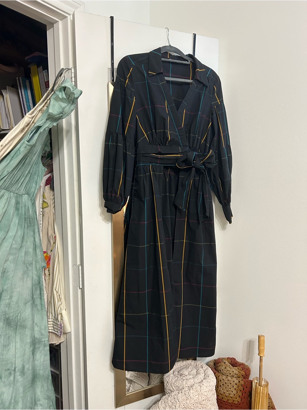 7th Ave Design Studio - Black Multicolor Plaid Collared Wrap Tie-Waist Dress